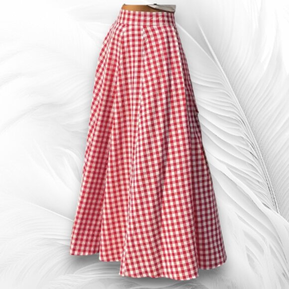 Red Gingham Maxi Skirt High Waist A-Line with Pockets - Picture 1 of 7